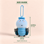 A small blue plush insect keychain or charm with a bead loop at the top, shown on a pale peach background with overlaid size measurements labeled 4.33 in tall and 2.