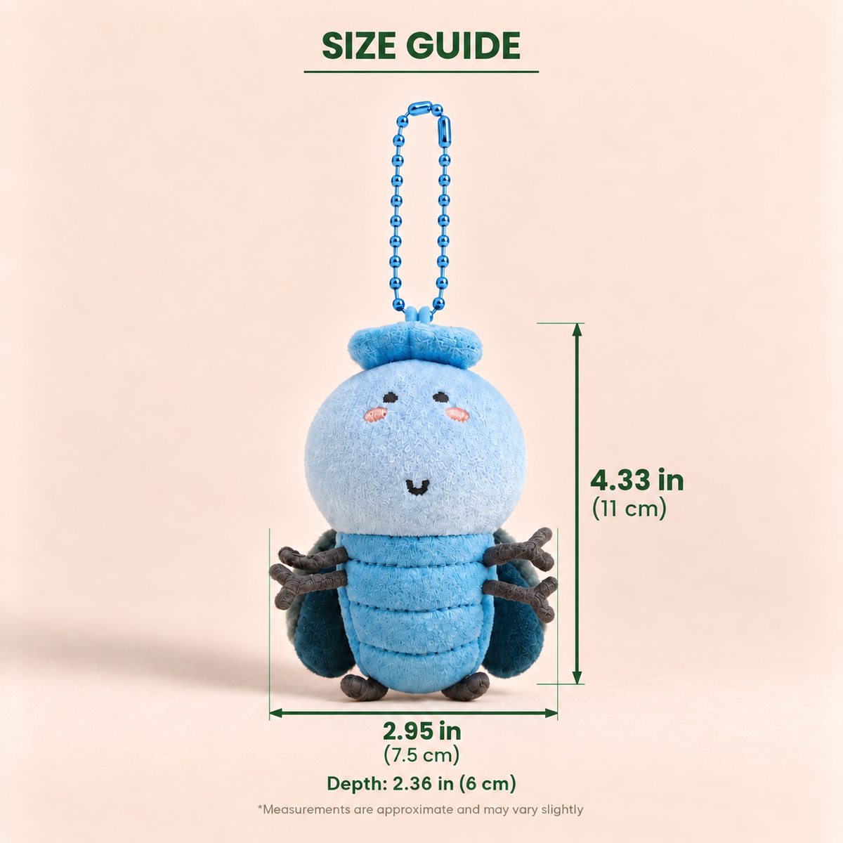 A small blue plush insect keychain or charm with a bead loop at the top, shown on a pale peach background with overlaid size measurements labeled 4.33 in tall and 2.