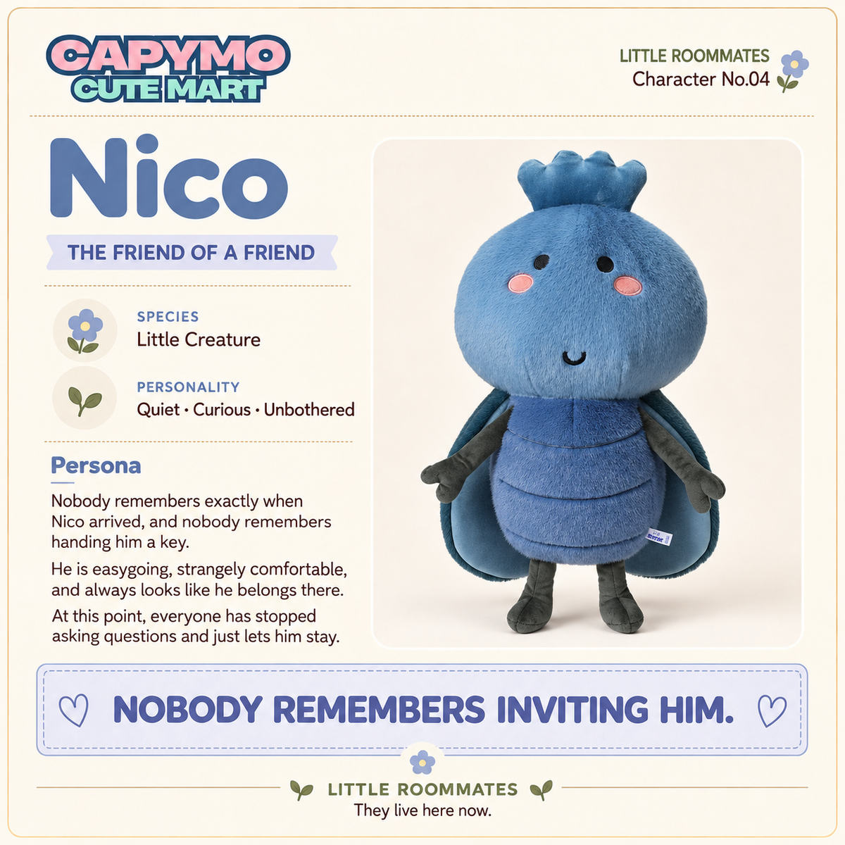 A product listing graphic for a Capymo Cute Mart plush toy named Nico from the Little Roommates series. The graphic features a detailed character profile on the left with text about the species, personality, and backstory, alongside a photo of the blue plush creature on the right.