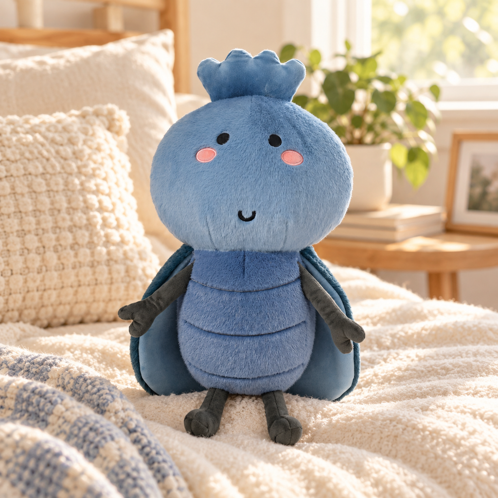 A cute blue plush toy with a crown, pink cheeks, and small wings sits on a cozy cream-colored bed in a warm, sunlit bedroom.