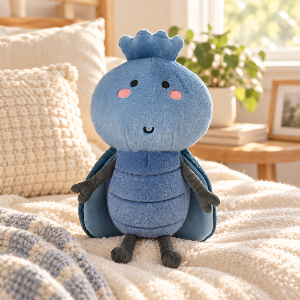 A cute blue plush toy with a crown, pink cheeks, and small wings sits on a cozy cream-colored bed in a warm, sunlit bedroom.
