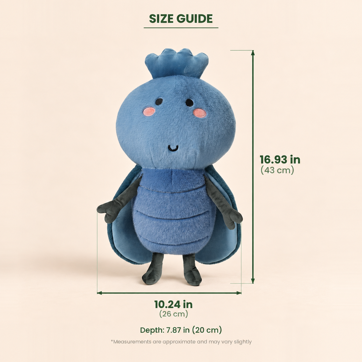 A blue plush insect character toy centered on a light beige background with overlaid size guide text and measurement lines showing height, width, and depth.