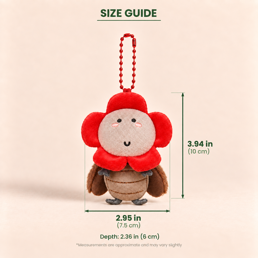 A small plush flower-shaped keychain or bag charm with a red flower head, beige face, brown body, and red ball chain, shown on a light beige background with overlaid size measurements labeled 2.95 in wide, 3.