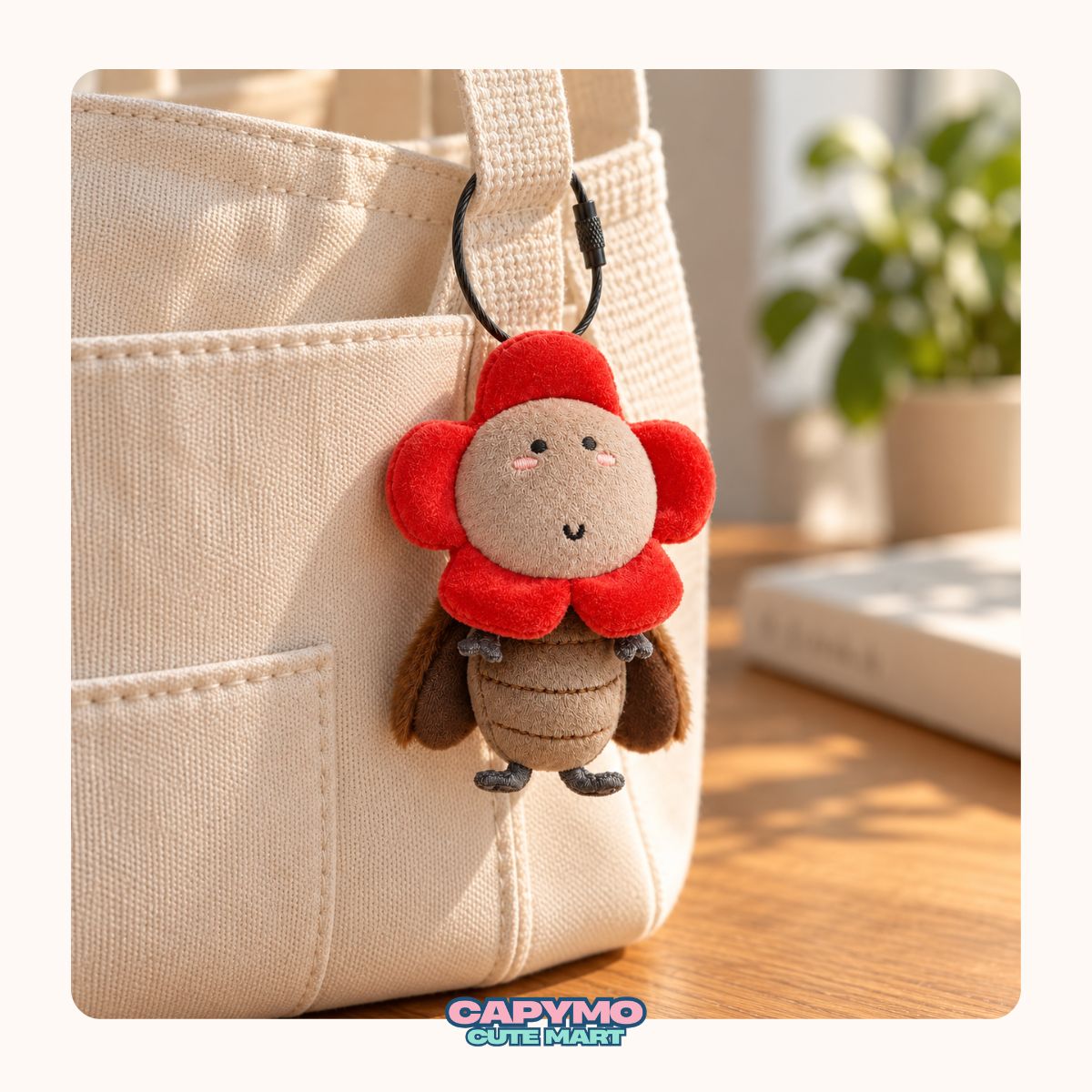 A cute green plush avocado keychain with a smiling face and leafy top, hanging from a beige canvas tote bag on a wooden table.