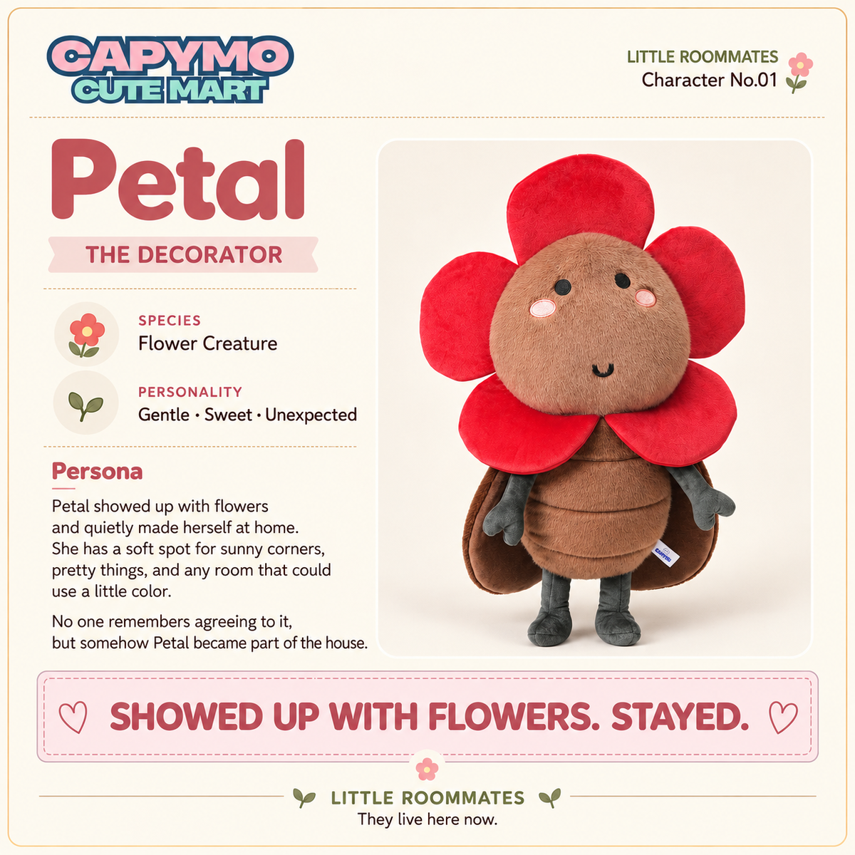 A promotional product card for the Capymo Cute Mart 'Petal' plush toy from the 'Little Roommates' series. The card features character details, a descriptive text section, and a photo of the plush toy, which has a brown round body, a red flower-shaped head, and small gray legs.