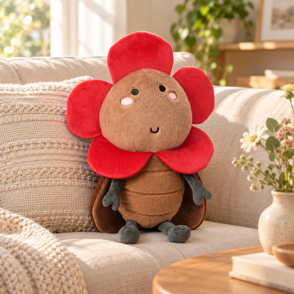 A flower-shaped plush toy with a round brown face and petals sits on a beige sofa in a softly lit living room. The toy has red petals, a brown body, and small gray legs and feet.