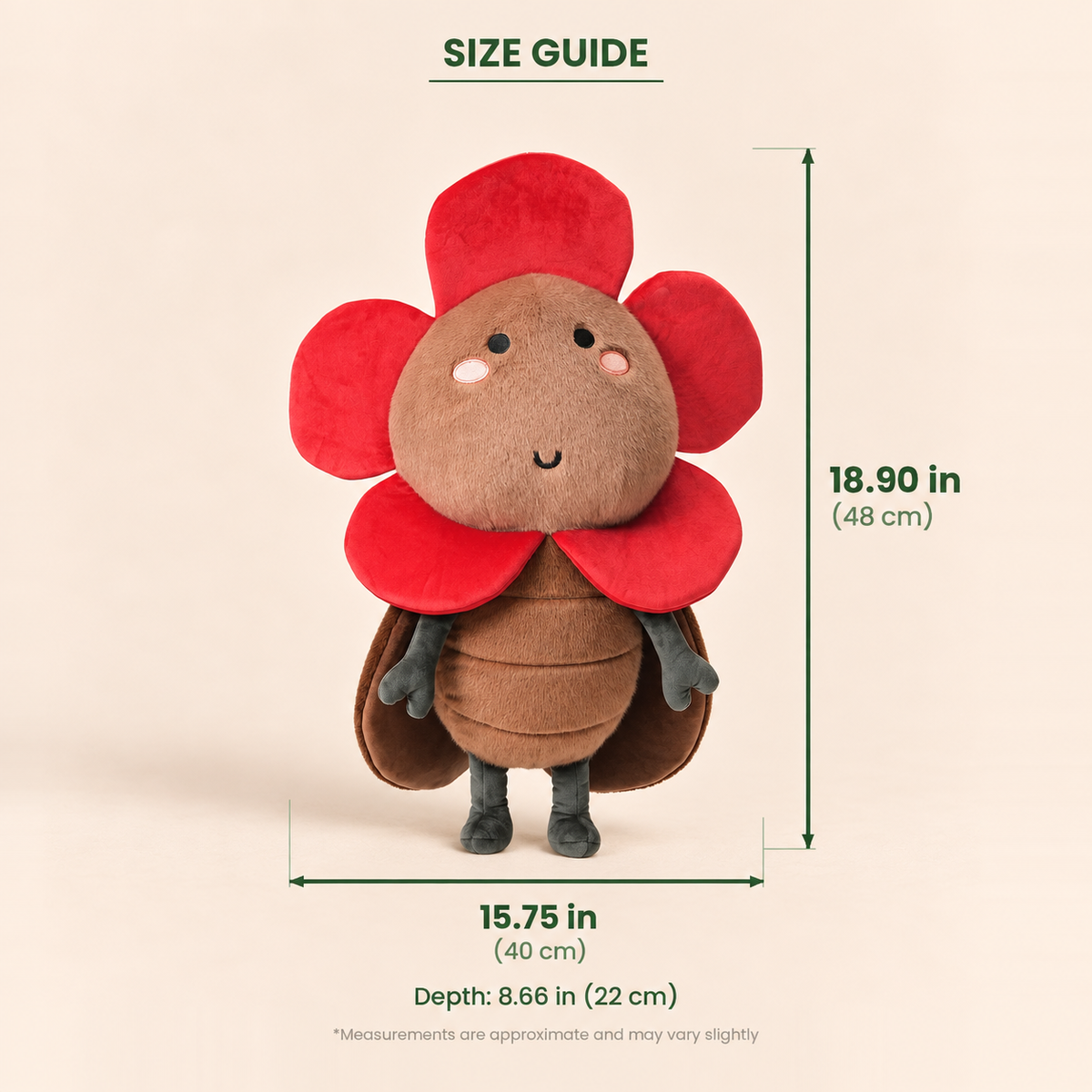 A size guide graphic for a plush flower bug toy, showing its dimensions of 18.90 inches in height, 15.