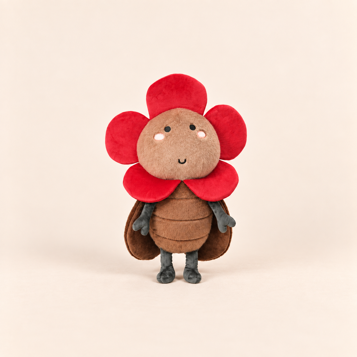 A cute plush toy designed like a flower bug, featuring a brown textured body, a red flower crown, and small gray legs and hands, standing against a solid light beige background.