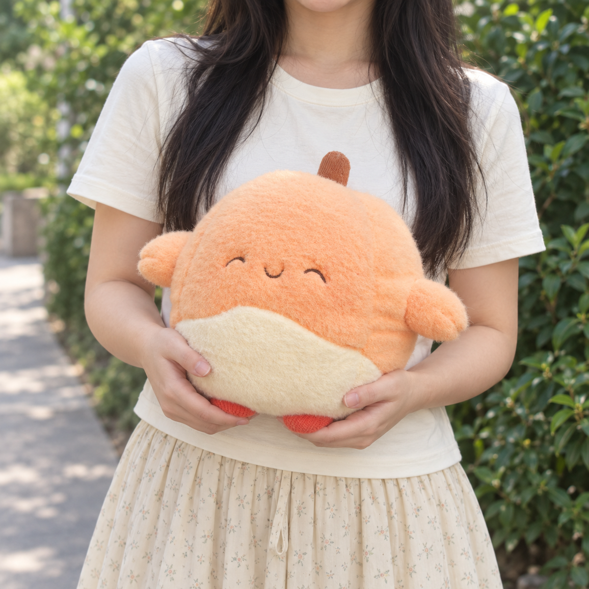 A person outdoors holding a round orange and cream plush toy with a smiling face and small red feet.