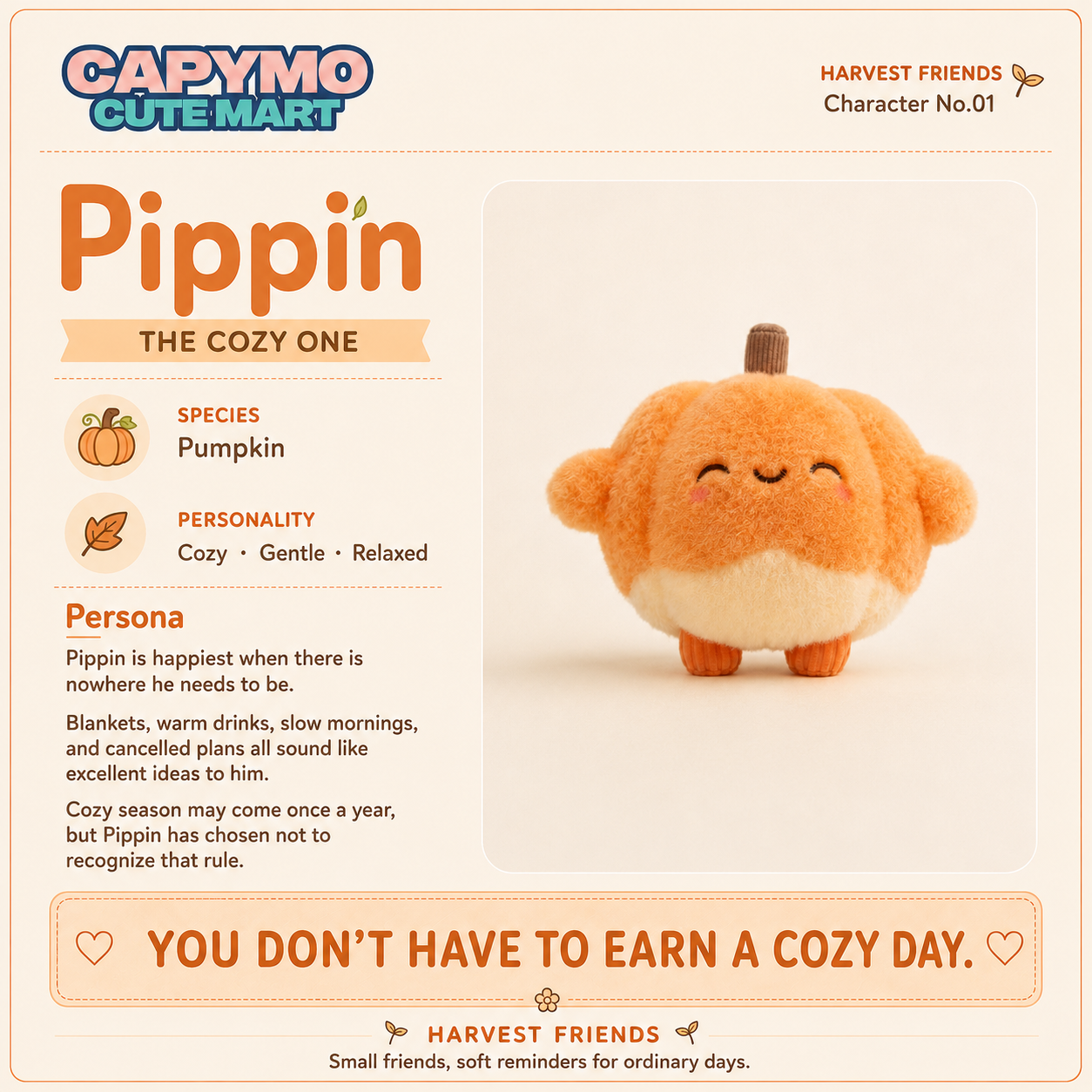 A plush pumpkin character toy labeled 'Pippin' on a cream-colored promotional graphic. The toy is round with orange-brown plush fur, a small brown stem, and a stitched smiling face.