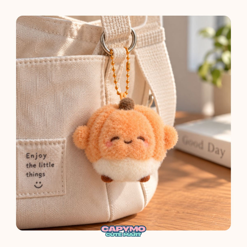 A cute orange and cream plush character keychain charm with a small brown pom-pom, hanging from a beige canvas tote bag on a wooden table.