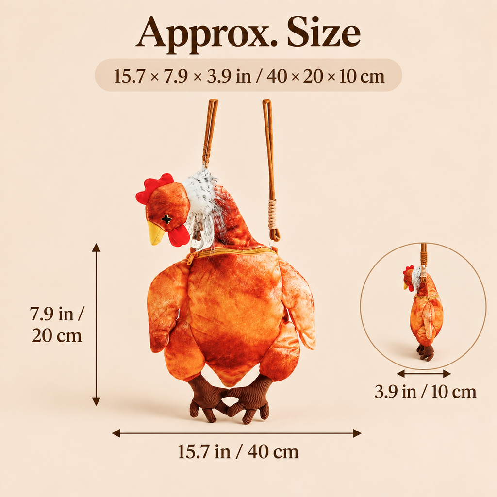 A plush chicken toy shown with dimension arrows and text indicating approximate size: 15.7 x 7.