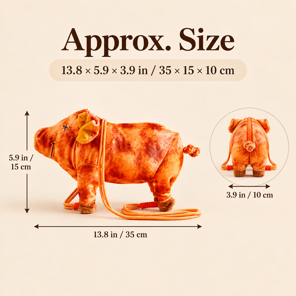 A small pig-shaped plush toy with an orange harness and leash, shown with dimension arrows and text reading 'Approx. Size' and measurements in inches and centimeters on a light beige background.