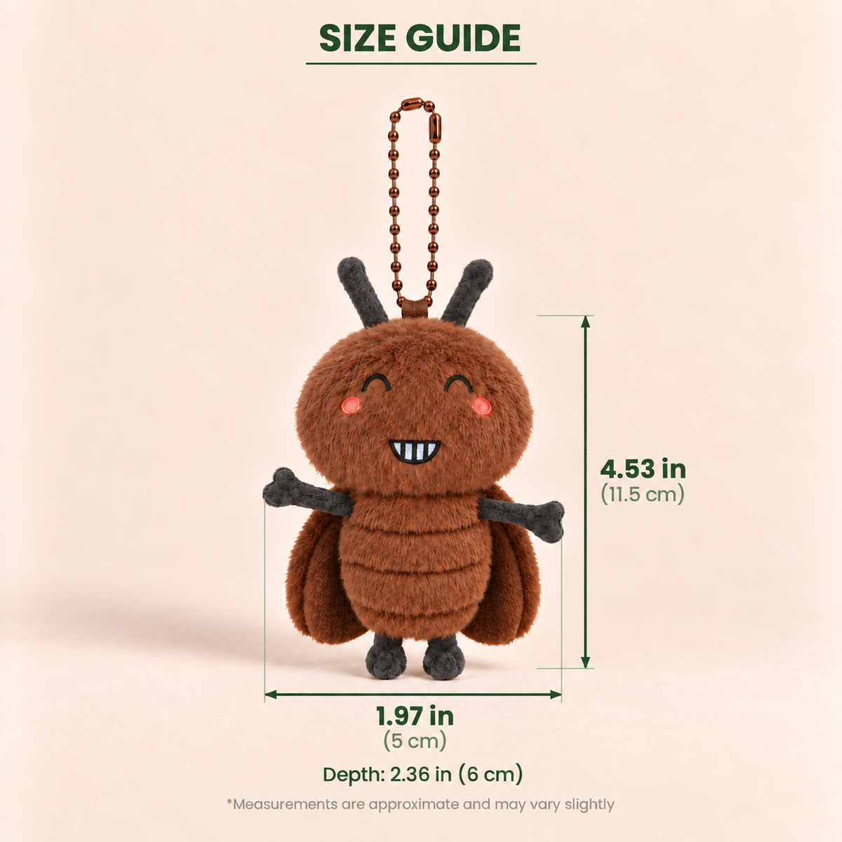 A plush bug keychain shown on a light beige background with a 'SIZE GUIDE' header and measurement labels indicating height, width, and depth.