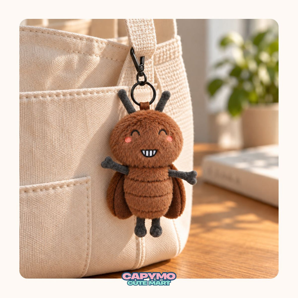 A cute mushroom-shaped plush keychain charm with a pinkish-orange fuzzy cap and a white fluffy face, hanging from a beige canvas tote bag on a wooden table.