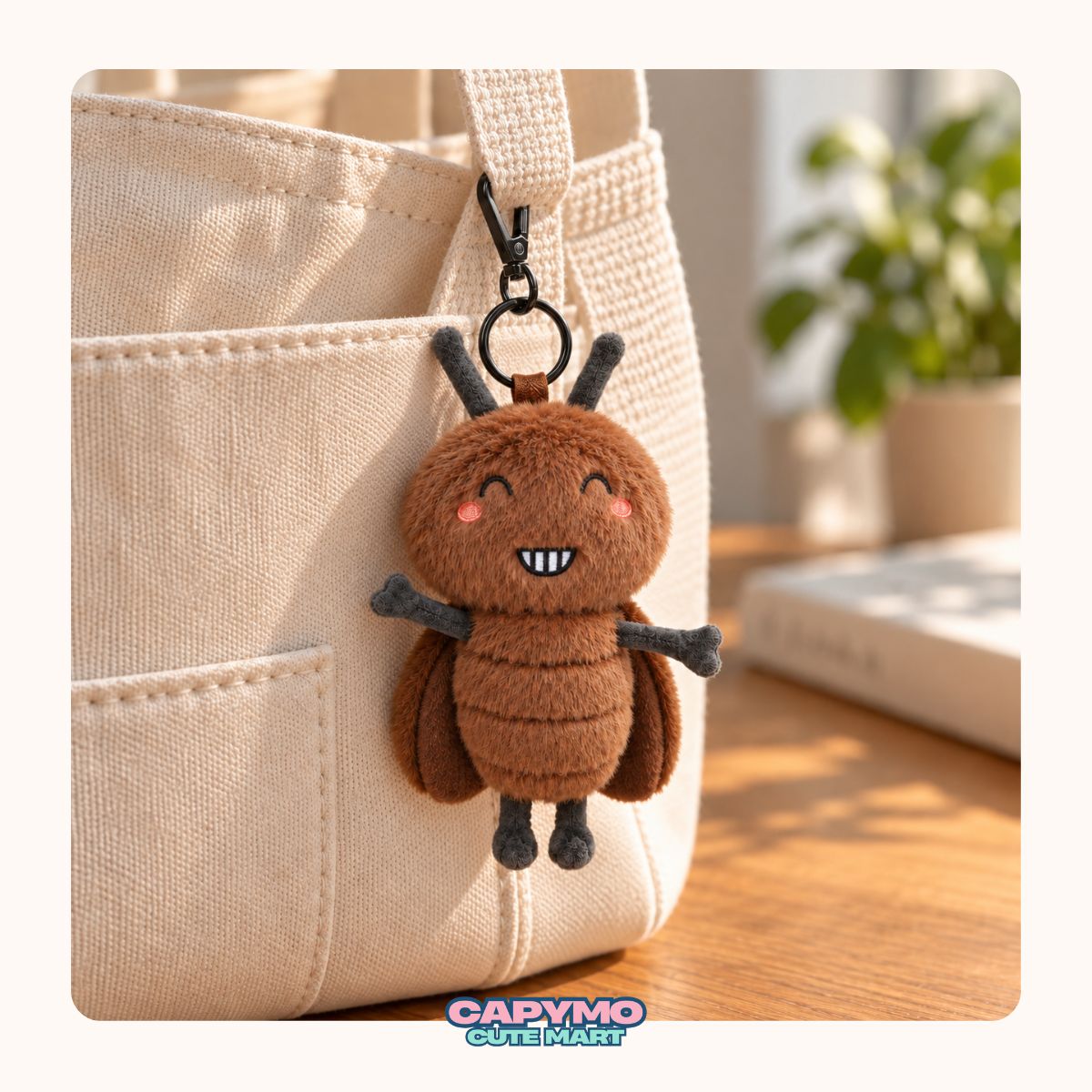 A cute mushroom-shaped plush keychain charm with a pinkish-orange fuzzy cap and a white fluffy face, hanging from a beige canvas tote bag on a wooden table.