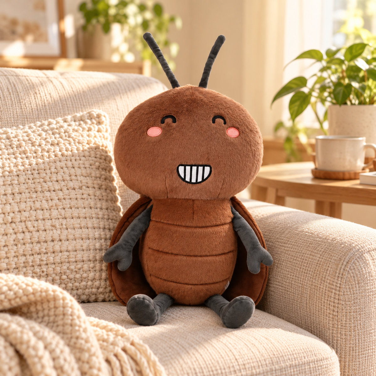 A cute brown cockroach plush toy with a smiling face, sitting on a beige couch in a cozy living room setting.