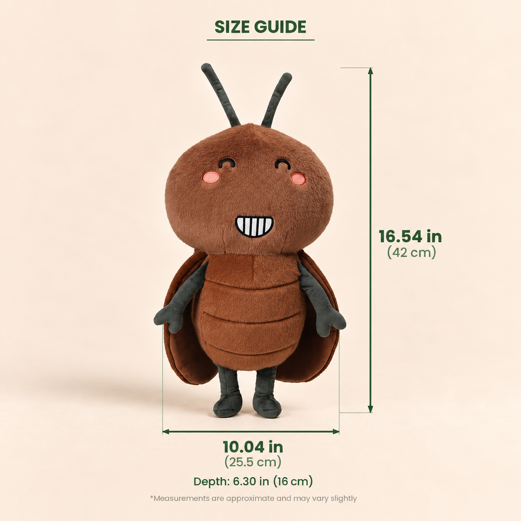 A brown plush cockroach toy centered on a light beige background with overlaid size guide text and measurement lines showing height of 16.54 in (42 cm), width of 10.