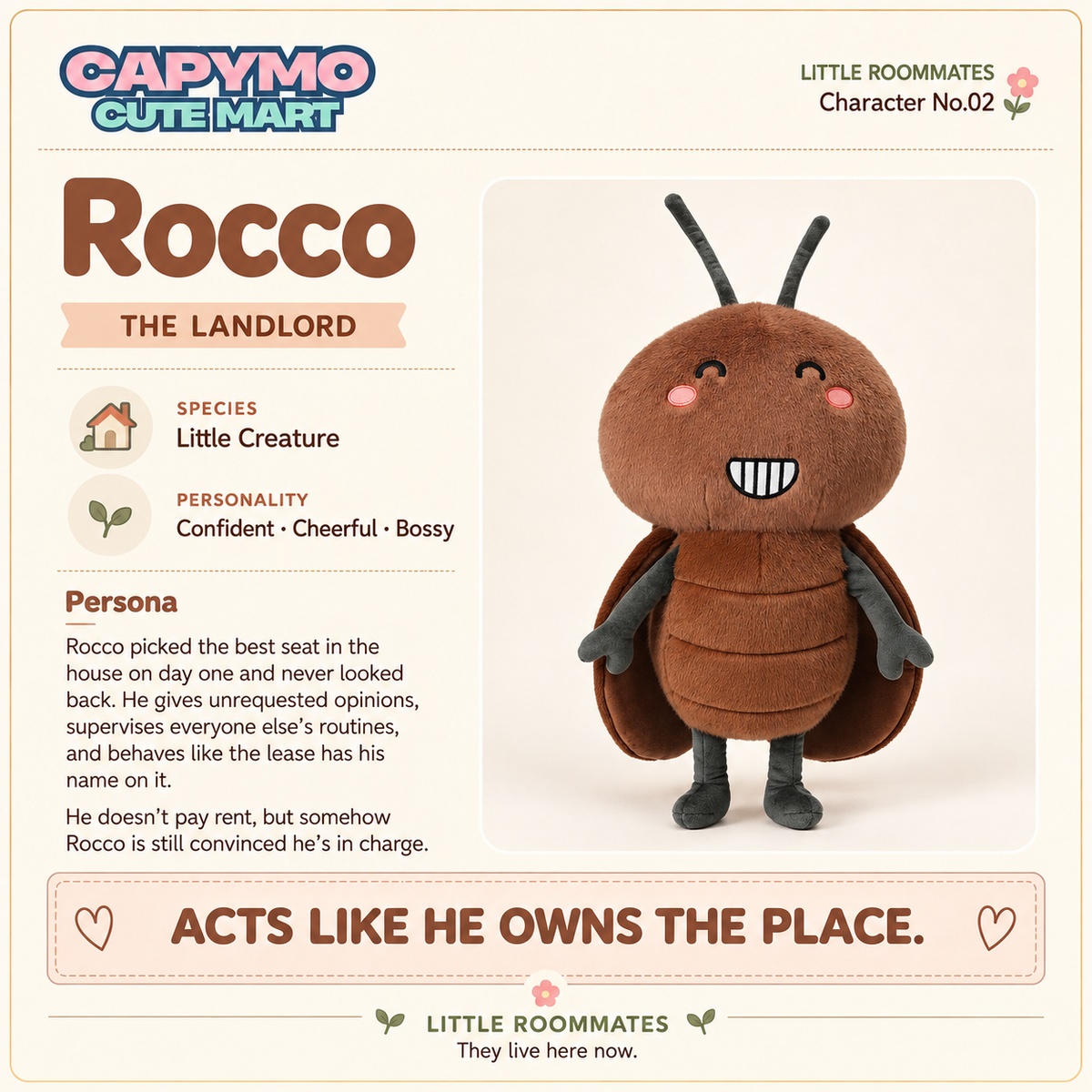 A product card for a Capymo Cute Mart 'Little Roommates' plush toy named Rocco, the Landlord. The card features character details, a description of his personality, and a photo of the brown caterpillar-like plush toy on the right.
