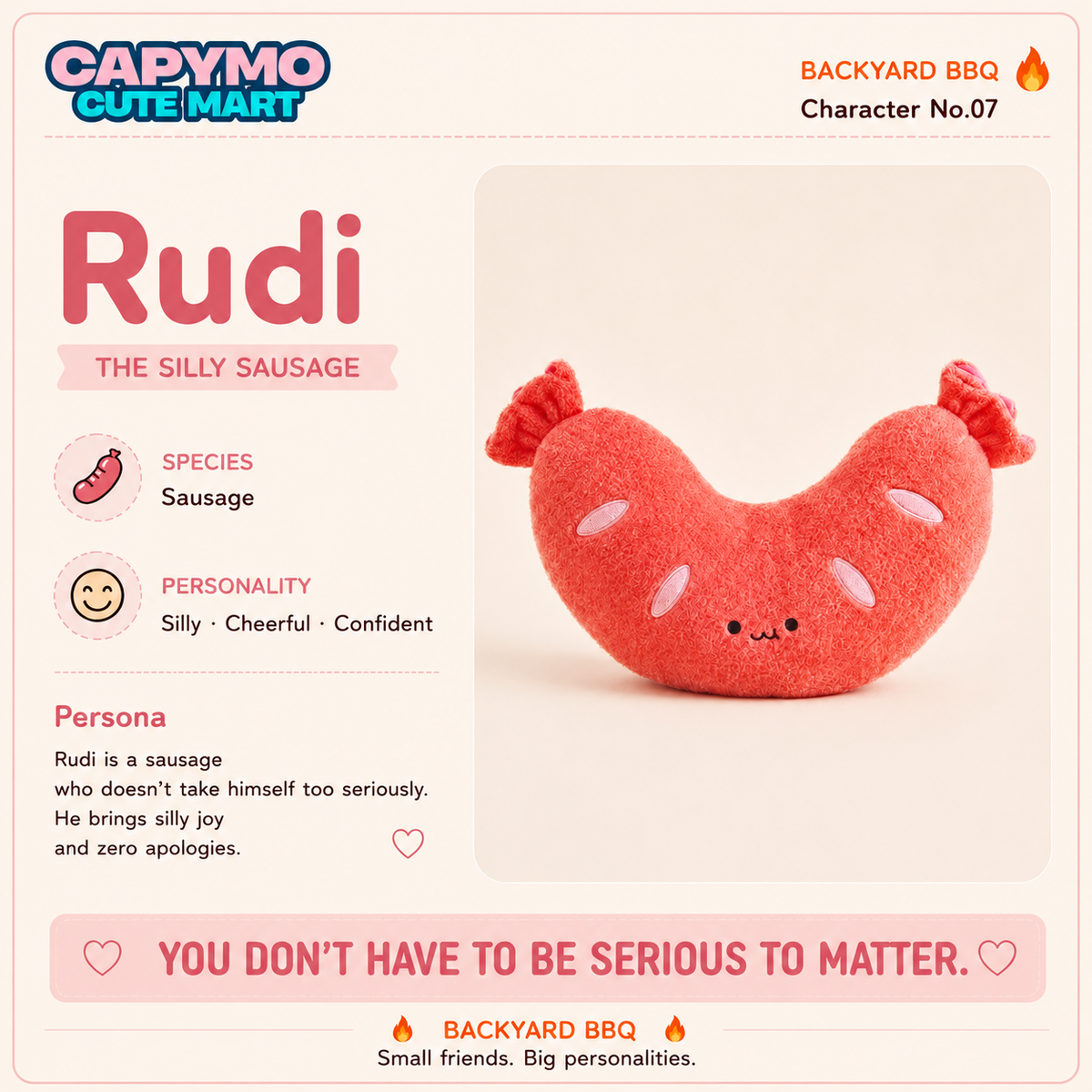 A pink felt sausage plush toy labeled 'Rudi' with character details and branding from Cavymo Cute Mart, shown on a light beige graphic background with text describing its species, personality, and character name.