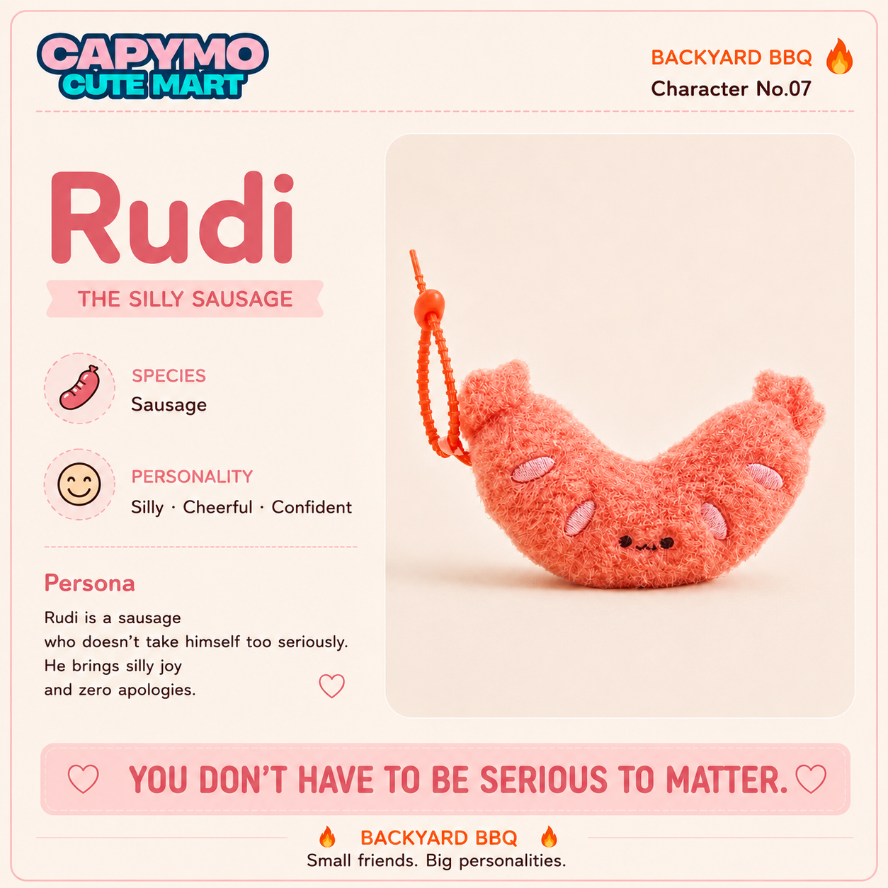 A promotional graphic for a plush sausage-shaped keychain or charm named Rudi, shown on a pastel pink card with character details and text. The product is a fuzzy pink sausage with small pink cheeks, black eyes, and an orange loop at the top.