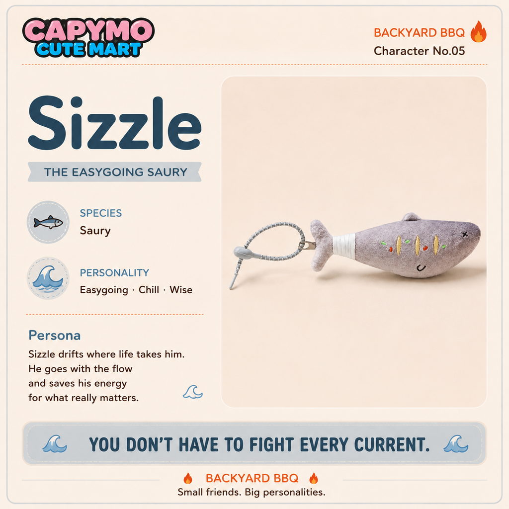 A product card for the CAPYMO CUTE MART Sizzle character plush toy. The card features character details on the left and a clean studio shot of the plush shark on the right.