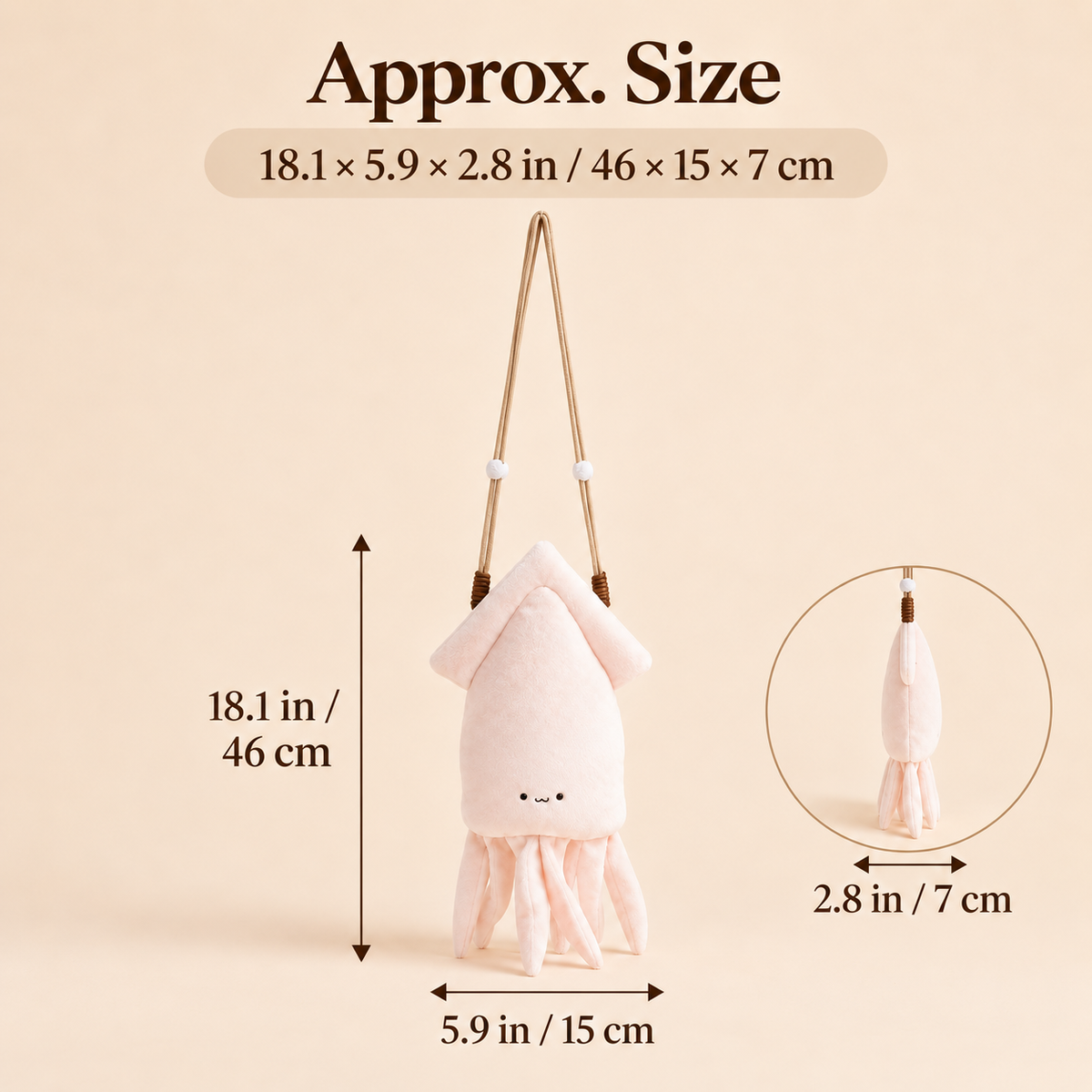A plush octopus-shaped crossbody bag in pale pink with a small embroidered face and tan strap, shown on a beige background with size annotations reading approximately 18.1 x 5.