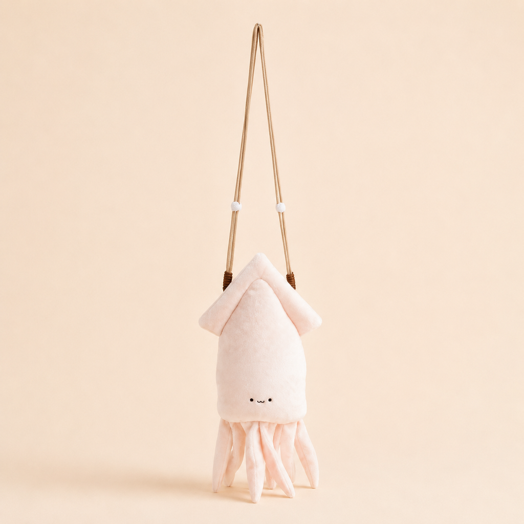 A plush octopus-shaped shoulder bag in pale pink and cream, featuring a long tan strap and a small embroidered face, set against a solid light beige background.