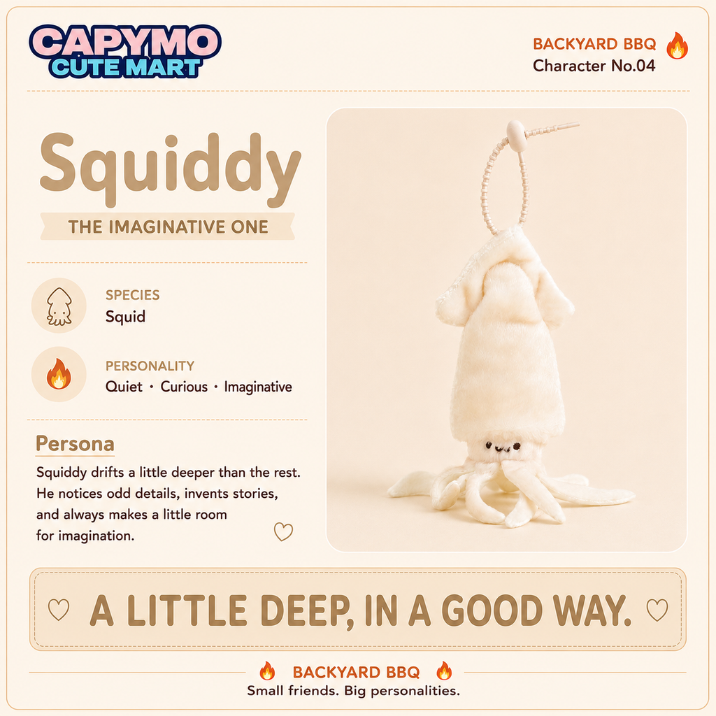 A product information card for a CAPYMO CUTE MART 'Squiddy' plush toy by Backyard BBQ. The card features text describing the toy's species as squid, its personality as quiet, curious, and imaginative, and its character number 04.