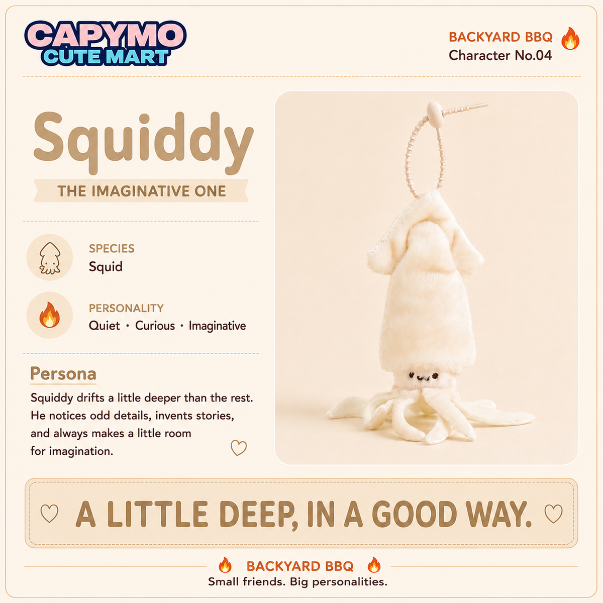 A product information card for a CAPYMO CUTE MART 'Squiddy' plush toy by Backyard BBQ. The card features text describing the toy's species as squid, its personality as quiet, curious, and imaginative, and its character number 04.
