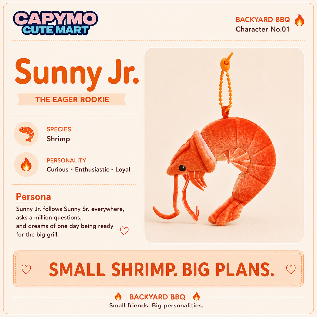 A product card for a CAPYMO Cute Mart plush toy named Sunny Jr., shaped like a shrimp.