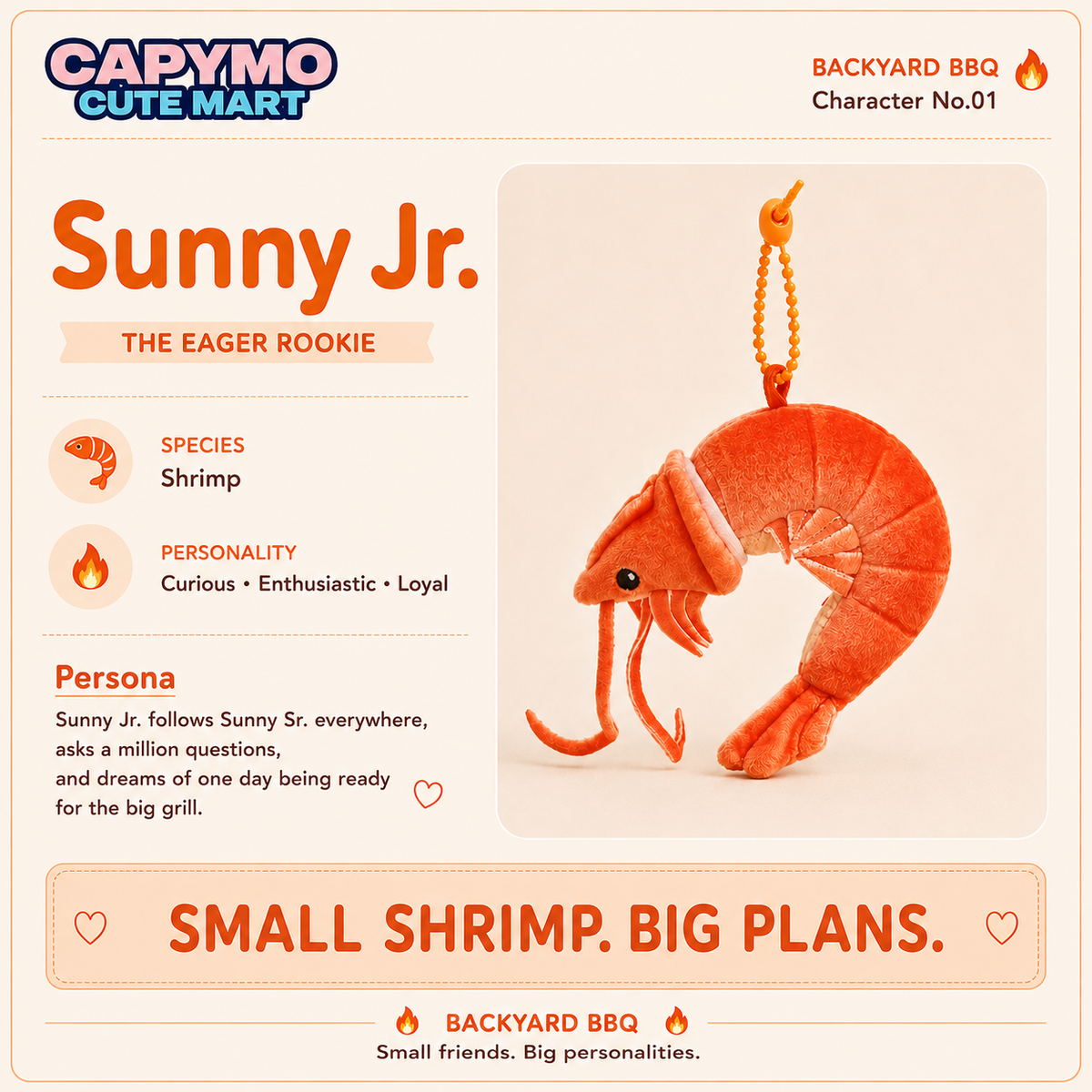 A product card for a CAPYMO Cute Mart plush toy named Sunny Jr., shaped like a shrimp.