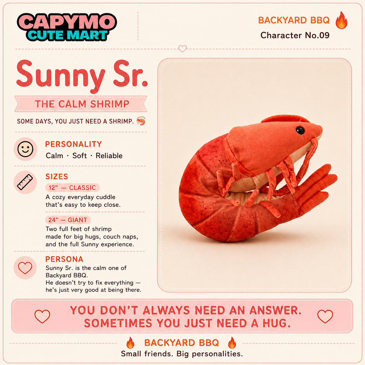 A product information card for a plush shrimp toy named 'Sunny Sr.' from Backyard BBQ, shown on a light pink background with character details, text, and a photo of the red-orange plush toy.