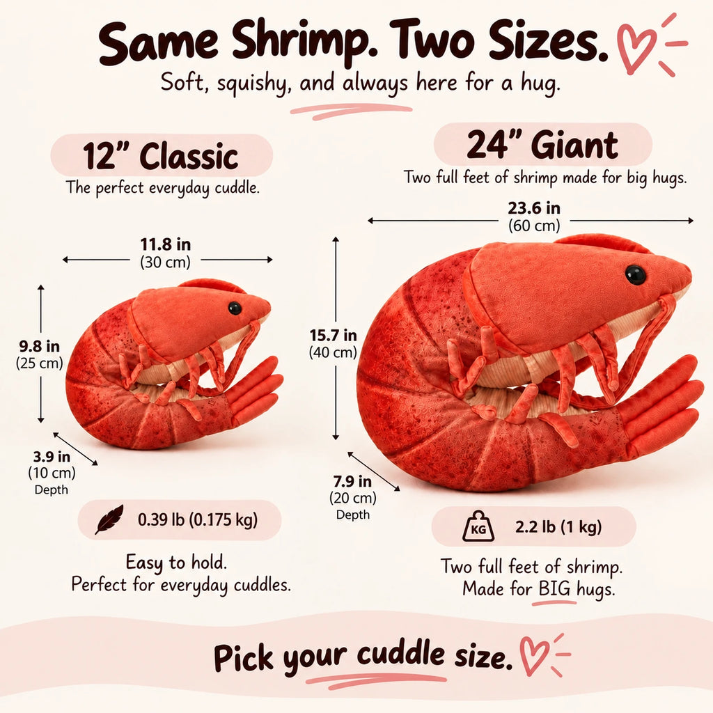Size comparison infographic for a plush lobster-shaped cuddle, showing two versions labeled 12" Classic and 24" Giant with dimensions, weights, and descriptive text on a pale pink background.