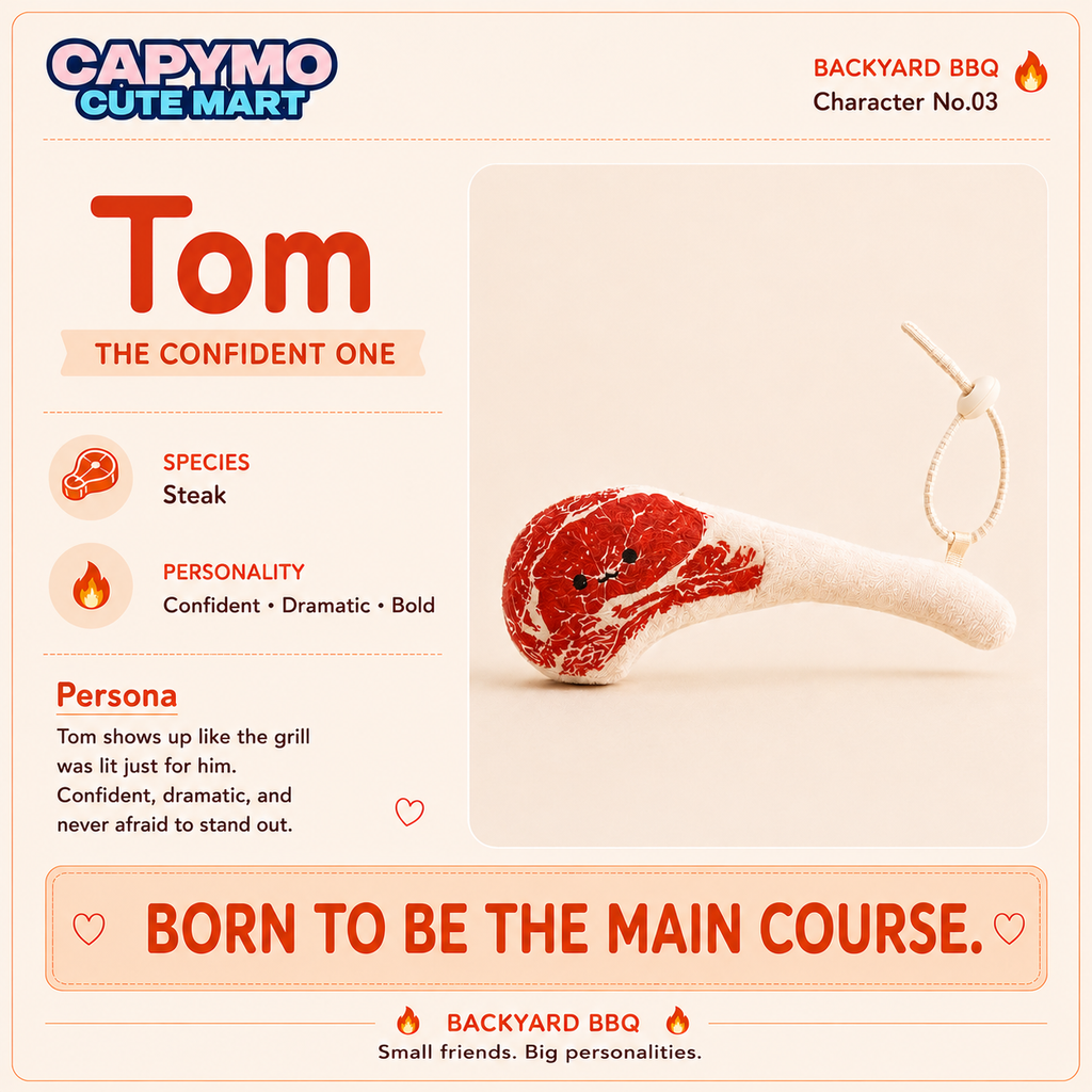 A CAPYMO CUTE MART 'Tom' plush steak toy, described as 'The Confident One' with character details, shown next to its product packaging on a light peach background.