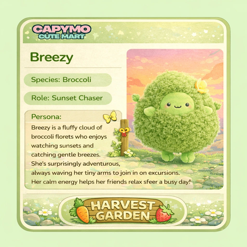 Card featuring a cartoon broccoli character named Breezy with descriptive text on a light green background.