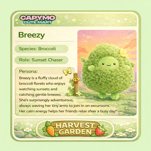 Card featuring a cartoon broccoli character named Breezy with descriptive text on a light green background.