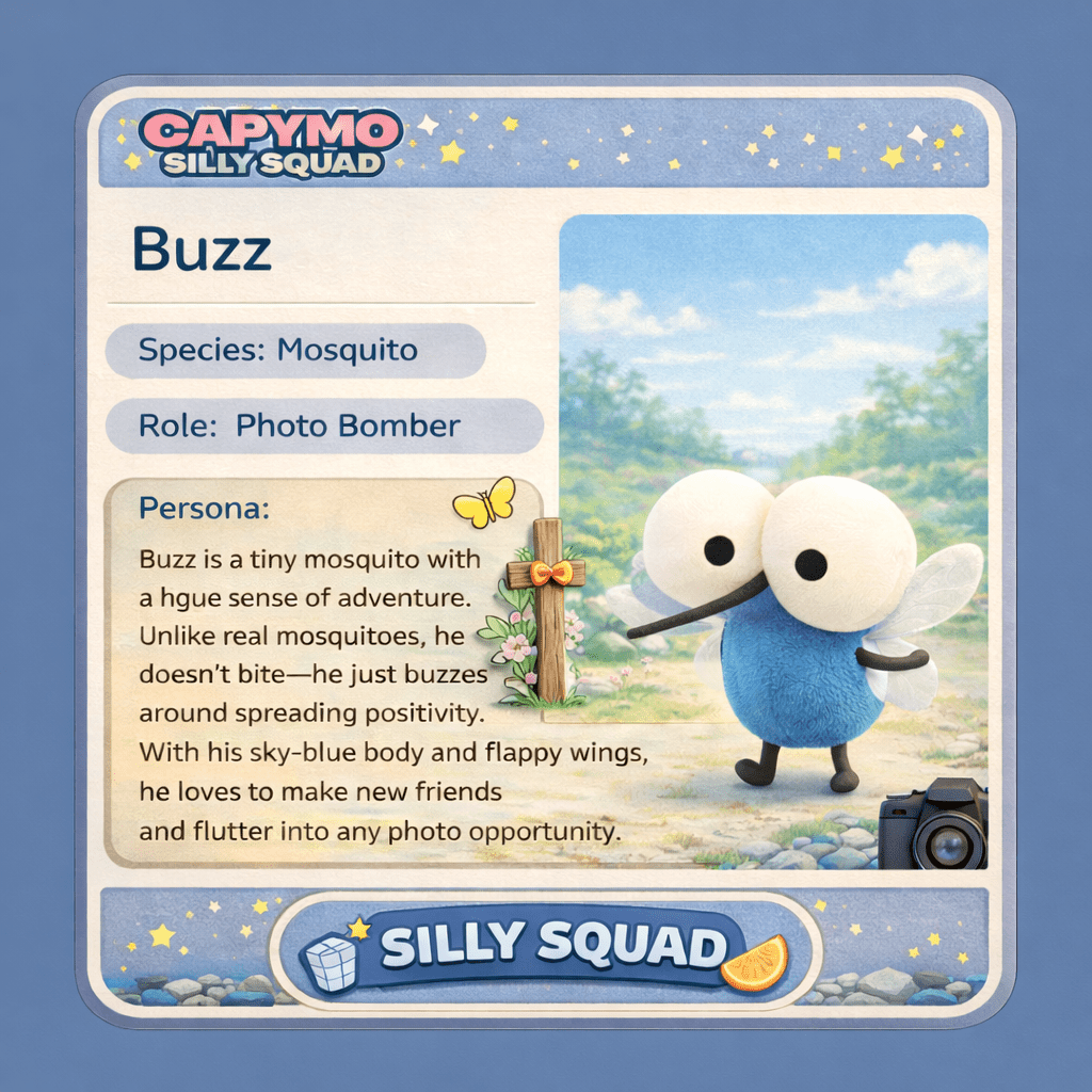 Buzz - The Blue Mosquito – 8cm Mini Blue Mosquito Plush Keychain& Magnet - Capymo Cute Mart operated by Glitify LLC