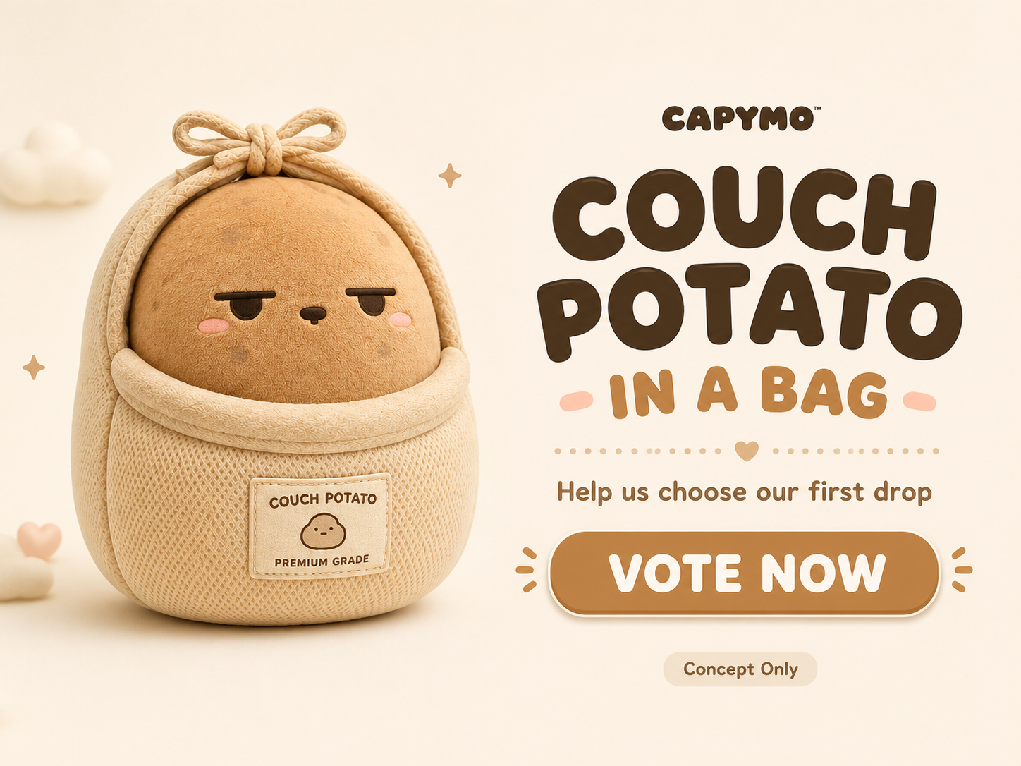 A cute plush couch potato character wrapped in a beige fabric bag, shown next to promotional text reading 'CAPYMO COUCH POTATO IN A BAG' and a 'VOTE NOW' button on a warm cream background.