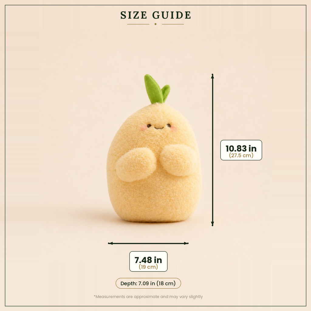 A cute yellow plush avocado character with green leaves on top, shown on a beige background with size guide overlays indicating height of 10.83 in (27.