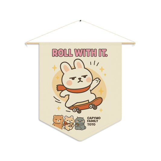 Fabric Wall Banner, Roll With It Toto, Bunny Wall Art, Dorm Room Decor, Funny Home Office Sign, Gen Z Banner, Motivational Quote Tapestry - Capymo Family