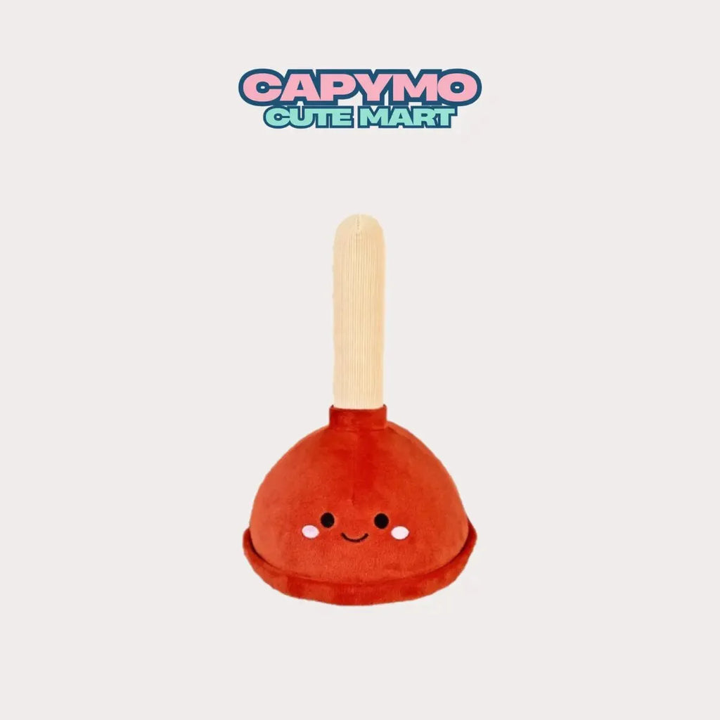 Plush toy resembling a plunger with a smiling face on a light gray background, branded 'Capymo Cute Mart'.