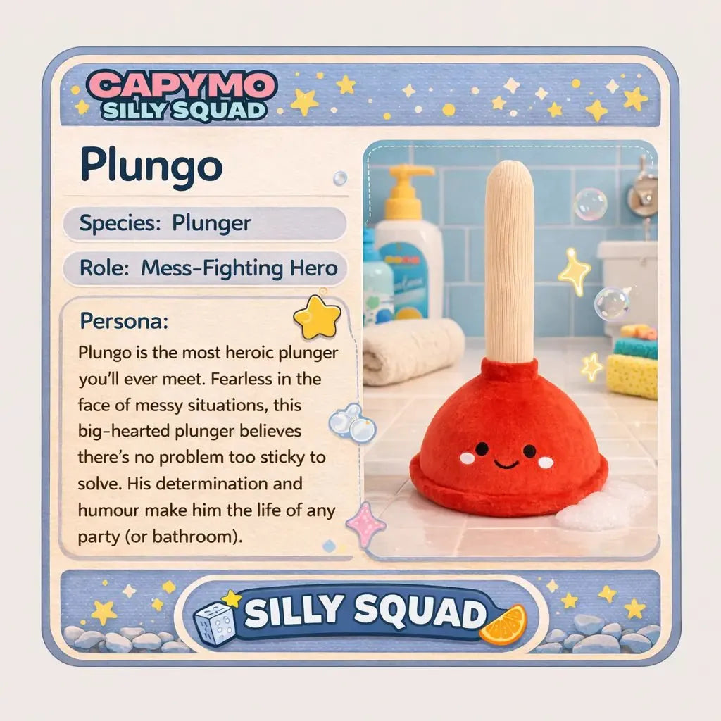 Card featuring a red plunger with a smiling face, labeled 'Plungo', from the brand 'Capymo Silly Squad'.