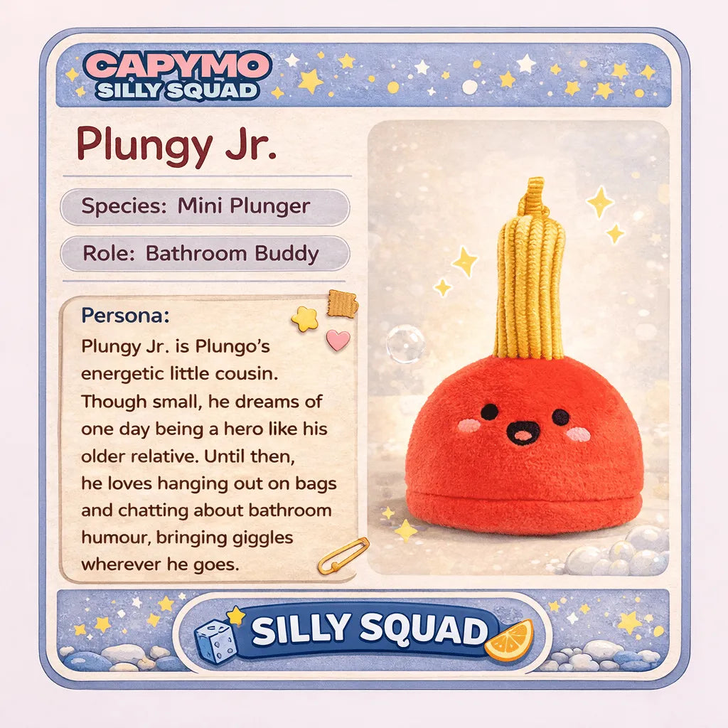 Card featuring Plungy Jr., a mini plunger toy with character details, on a light blue background.
