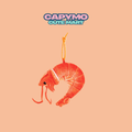 Shrimp-shaped keychain with 'CAPYMO CUTE MART' text on a peach background